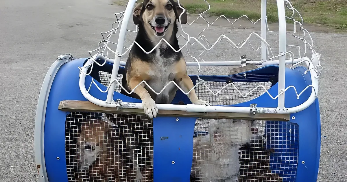 A happy dog stands in a blue and white dog cart with a metal mesh top, looking cheerful.