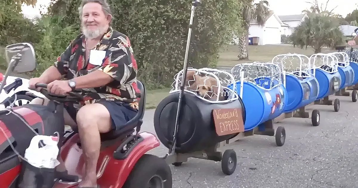 A man rides a red mobility scooter, pulling a train of blue wagons with a dog inside, labeled "Wonderland Express."