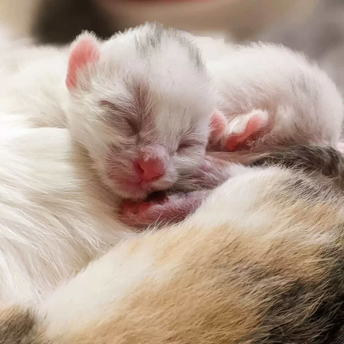 A tiny white kitten sleeps peacefully, nestled close to another cat, both with soft fur.