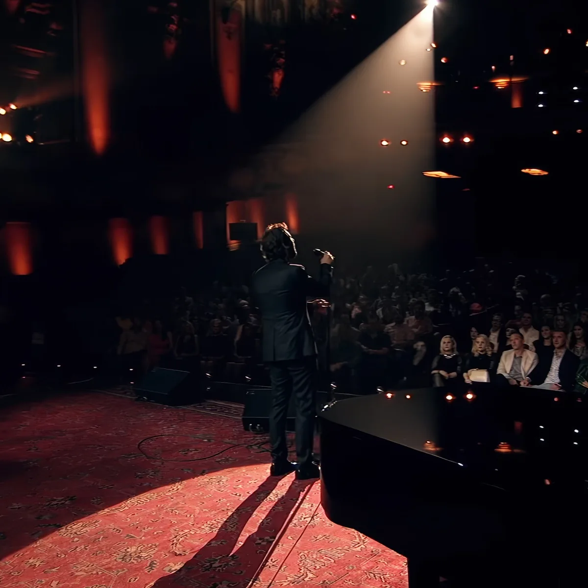 A man in a suit stands on stage, holding a microphone, addressing an audience in a dimly lit theater.