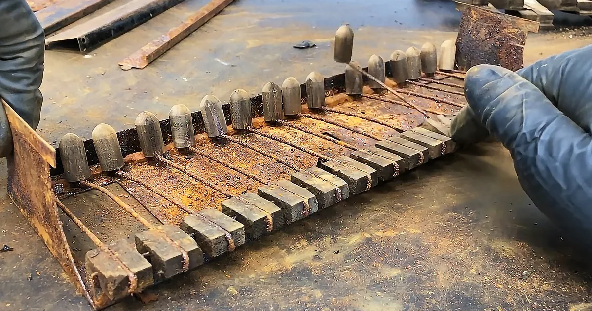 A rusty metal object with protruding cylindrical and rectangular pieces is being handled by gloved hands.