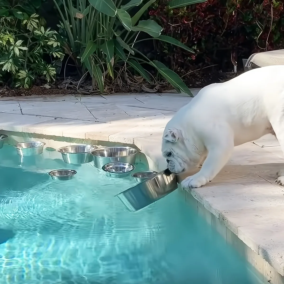 A white bulldog is drinking water from a metal bowl by a pool, surrounded by greenery.