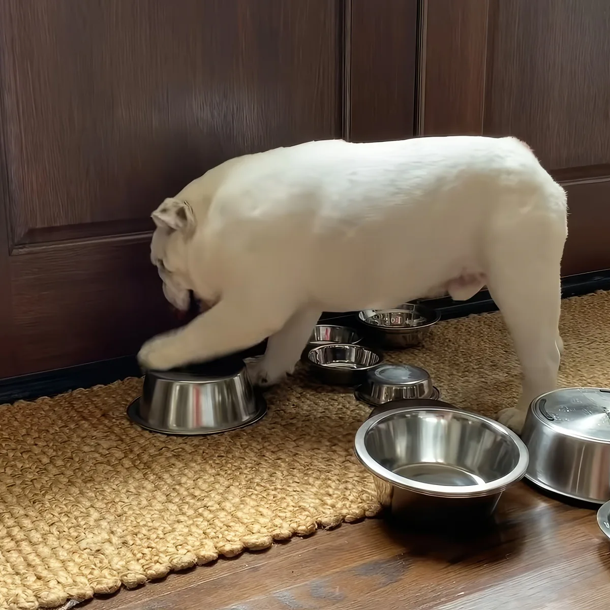 A white bulldog is standing on a woven mat, surrounded by multiple empty metal bowls.