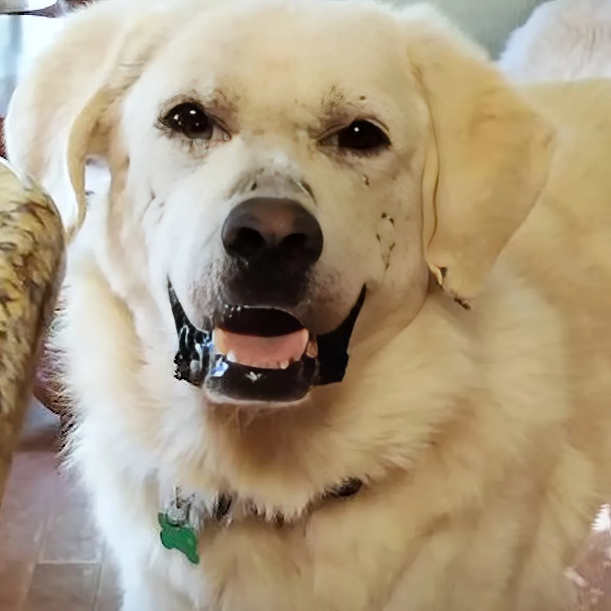 A happy, light-colored dog with a green collar and a black collar around its neck is smiling.