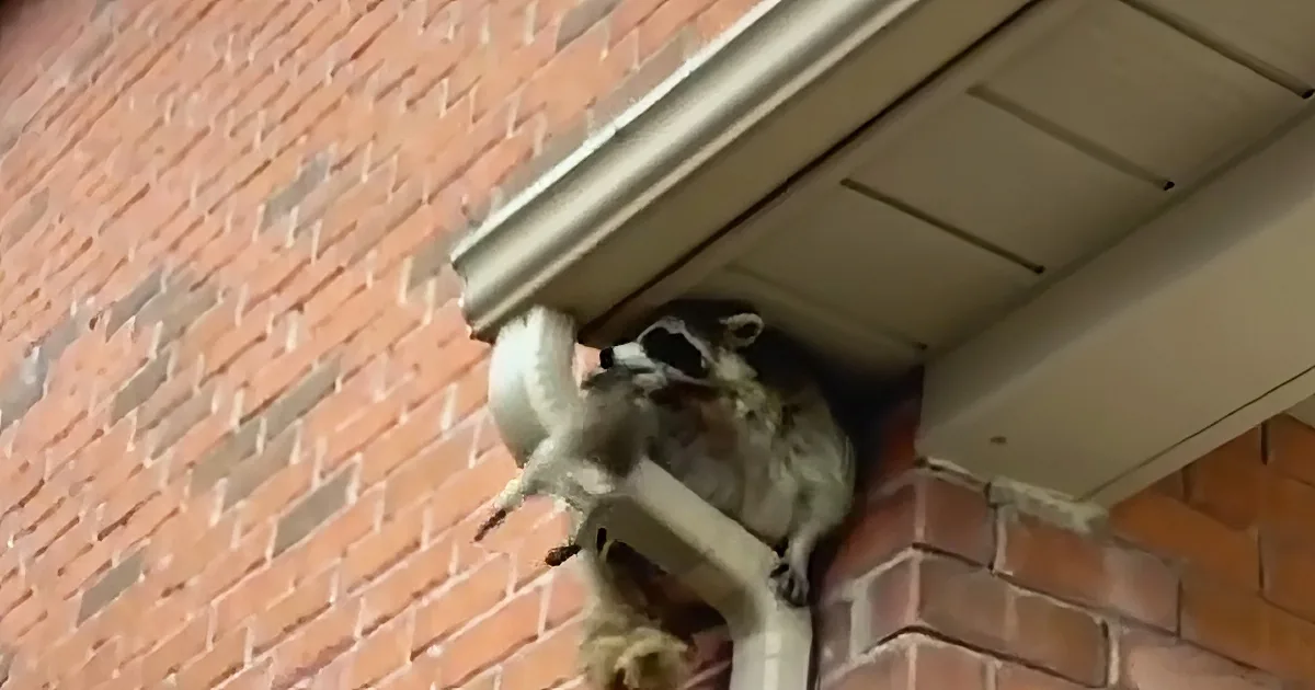 A raccoon is perched on a gutter, looking down with its distinctive mask and bushy tail.