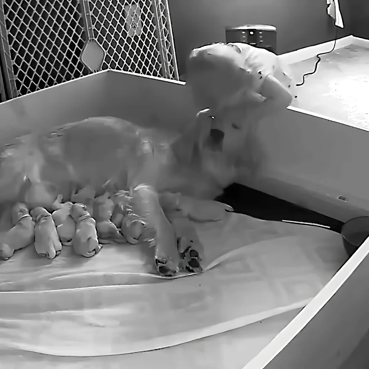 Toddler and mama dog with newborn puppies