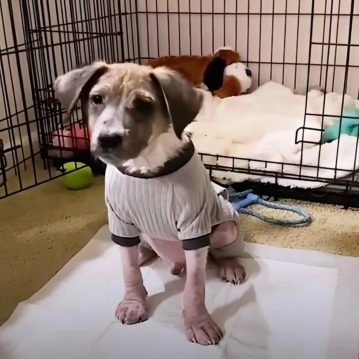 A small dog wearing a striped shirt sits on a white surface, with a cage and toys in the background.