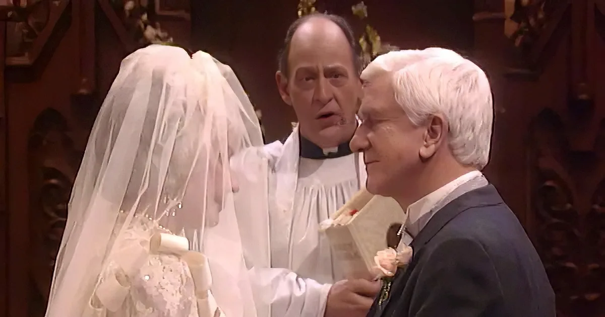 A bride and groom exchange vows during a wedding ceremony, with a priest officiating.