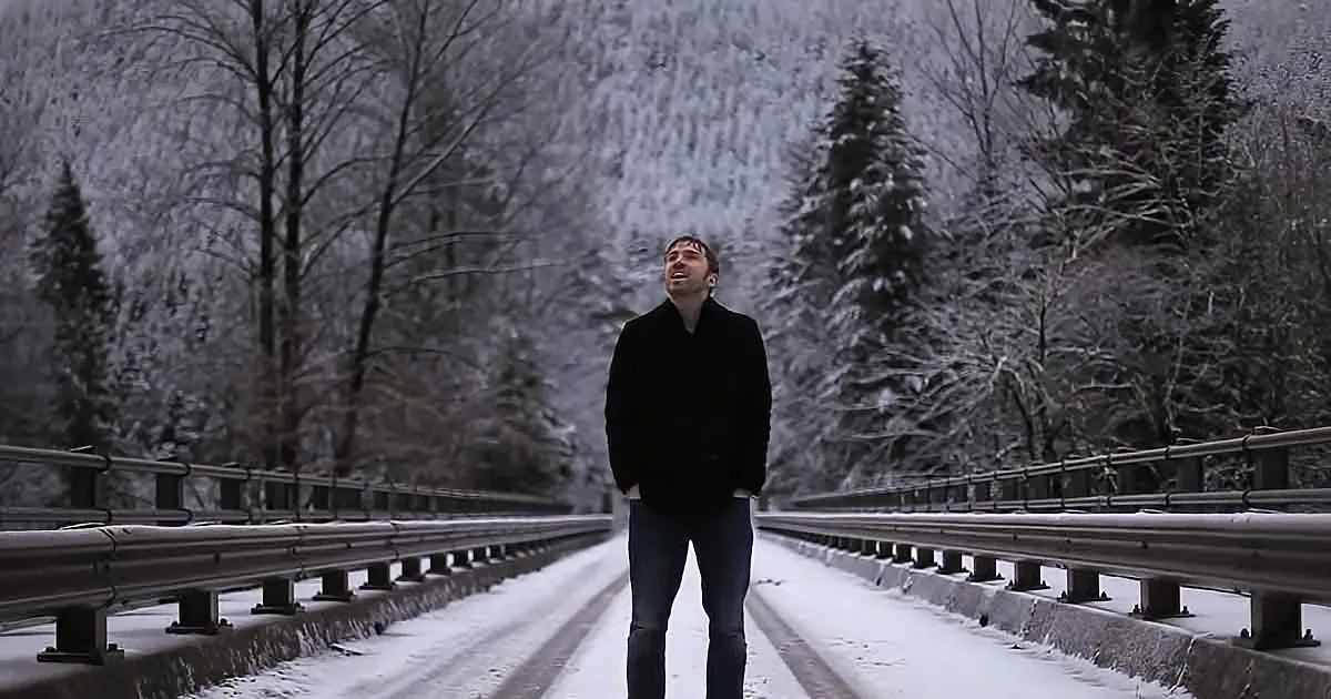 A man stands on a snow-covered bridge, looking up at the snowy forest.