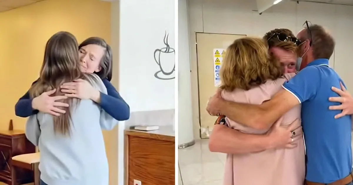 Two people are hugging emotionally in different settings, expressing deep affection and relief.