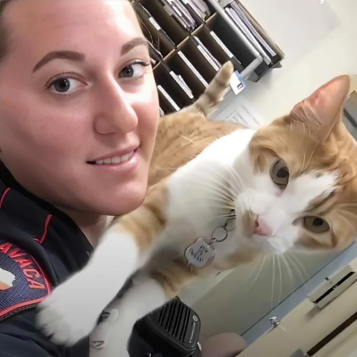 A woman holds a ginger and white cat with a collar, both looking at the camera in what appears to be a veterinary setting.