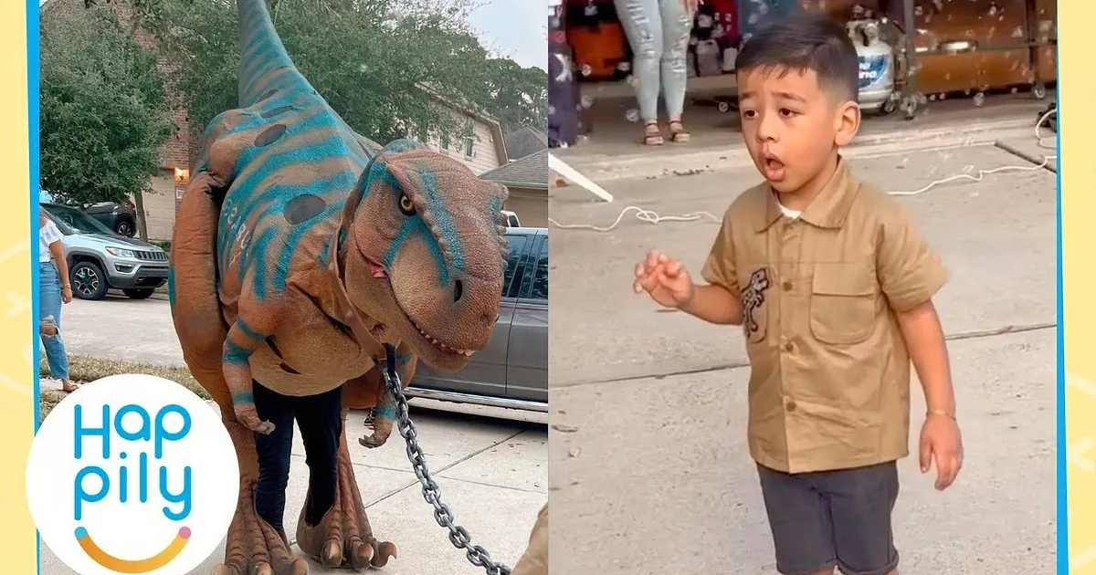 Dinosaur-Loving Boy Speechless as T-Rex Enters Birthday Party
