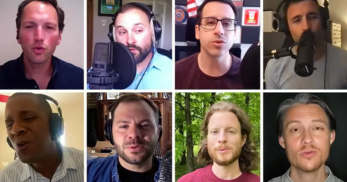A collage of nine men, some with headphones, in various settings, including studios and outdoors.