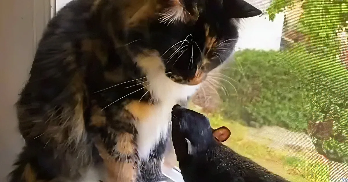 A calico cat is playfully interacting with a small black and brown animal near a window.