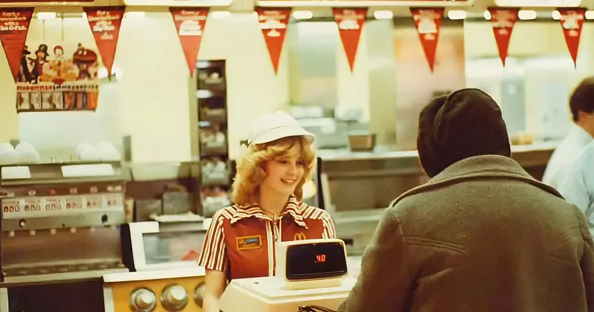 A smiling McDonald's employee in a red uniform stands behind a counter, interacting with a customer.