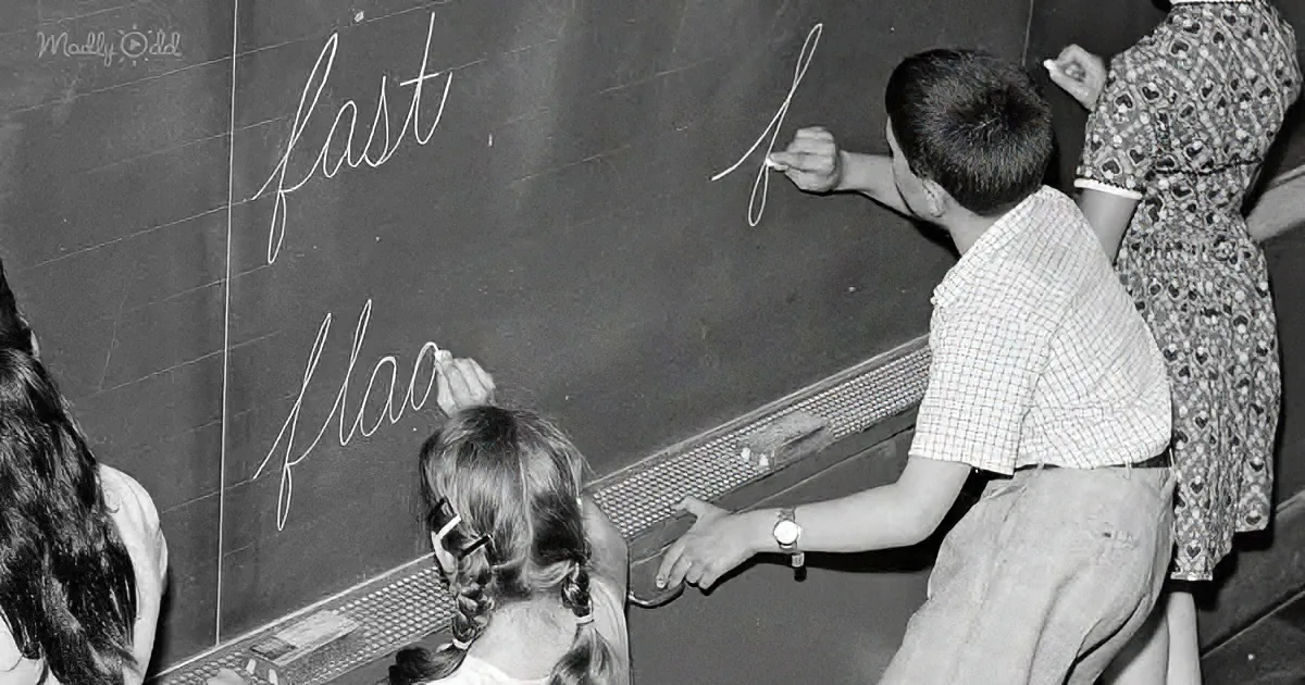 A boy writes "fast" on a chalkboard while a girl watches, with a teacher nearby.