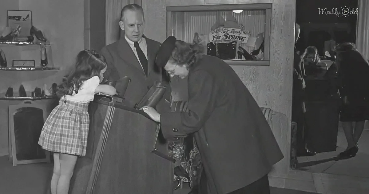 A woman in a coat examines a display while a man and a girl observe in a store setting.