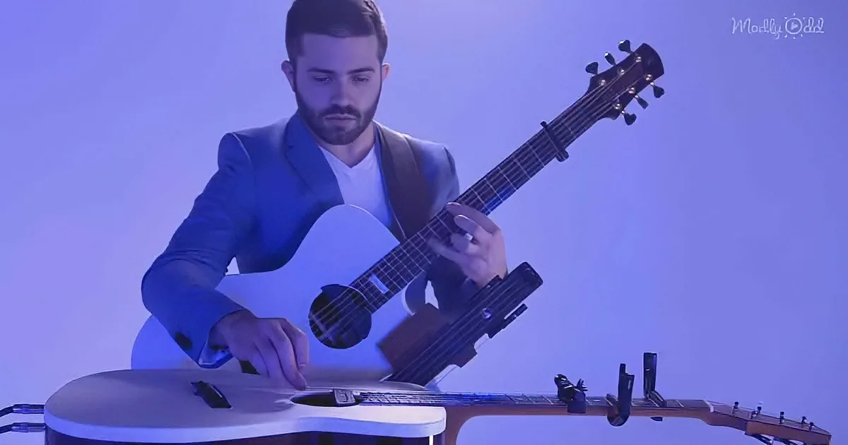 A man in a suit plays a white guitar with a blue light background.