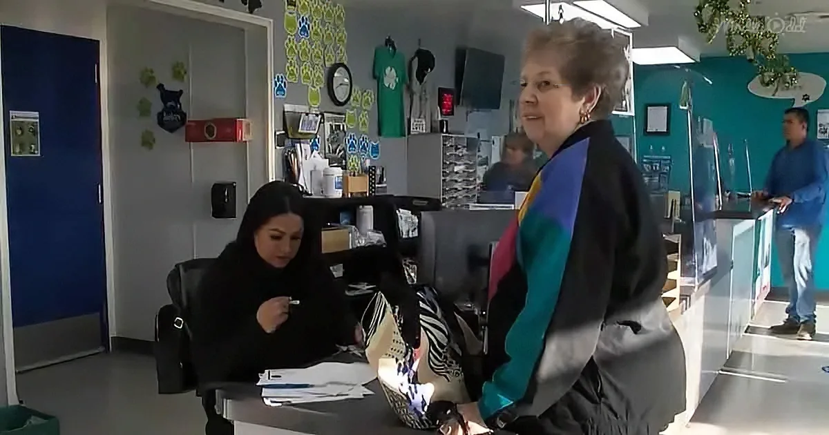 A woman in a colorful jacket stands in a busy office, talking to another woman seated at a desk.