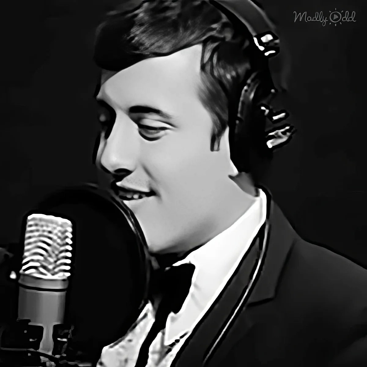 A man in a suit and headphones sings into a microphone, smiling.