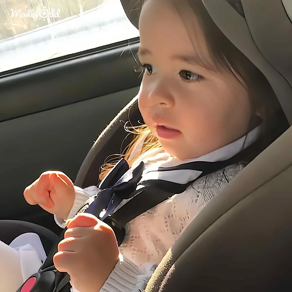 A toddler in a car seat, wearing a white shirt with a black bow tie, looks out the window.