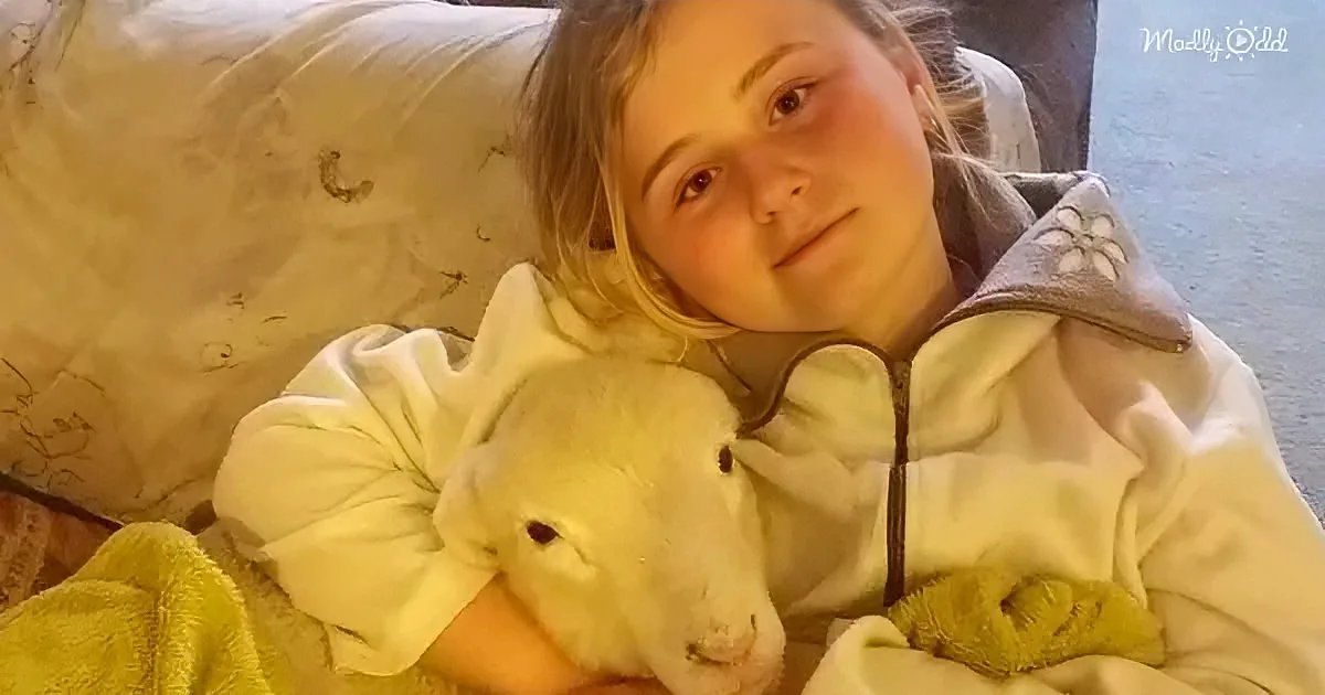 A young girl is lying on a couch, cuddling a white goat, both appearing relaxed and content.