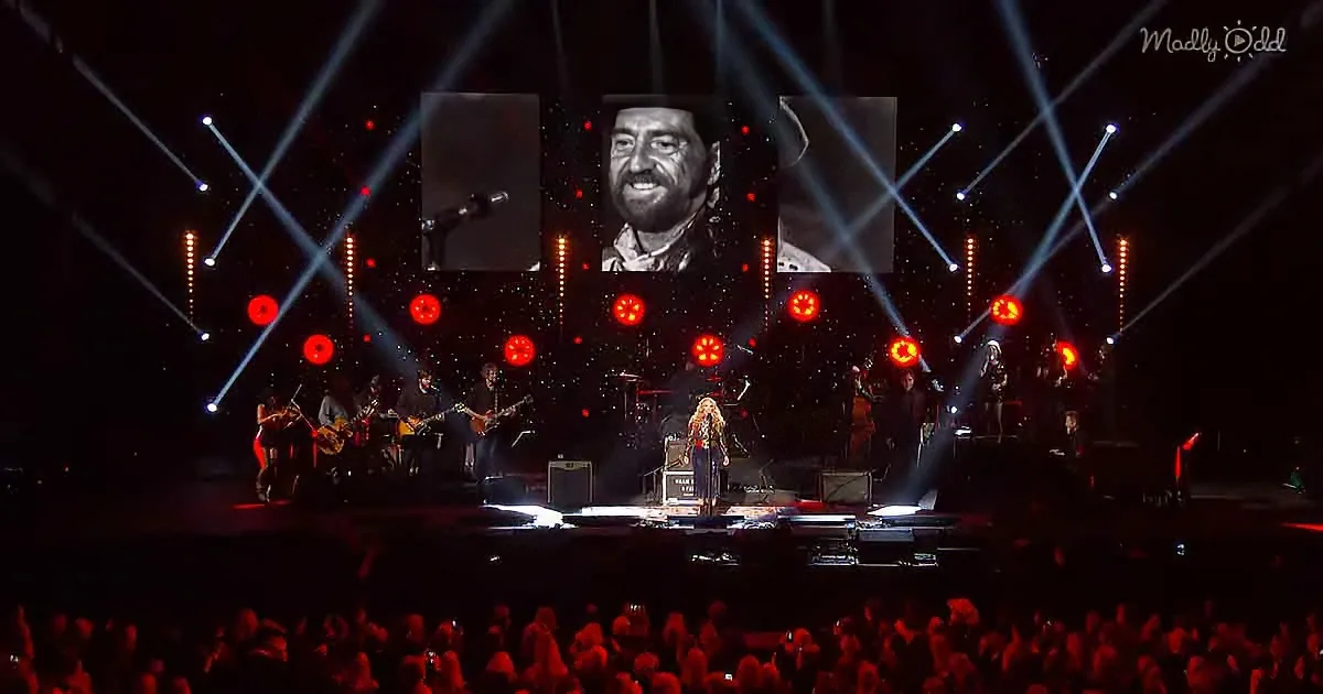 A performer stands on stage with a band, large screen showing a face, red and blue lights, crowd in foreground.