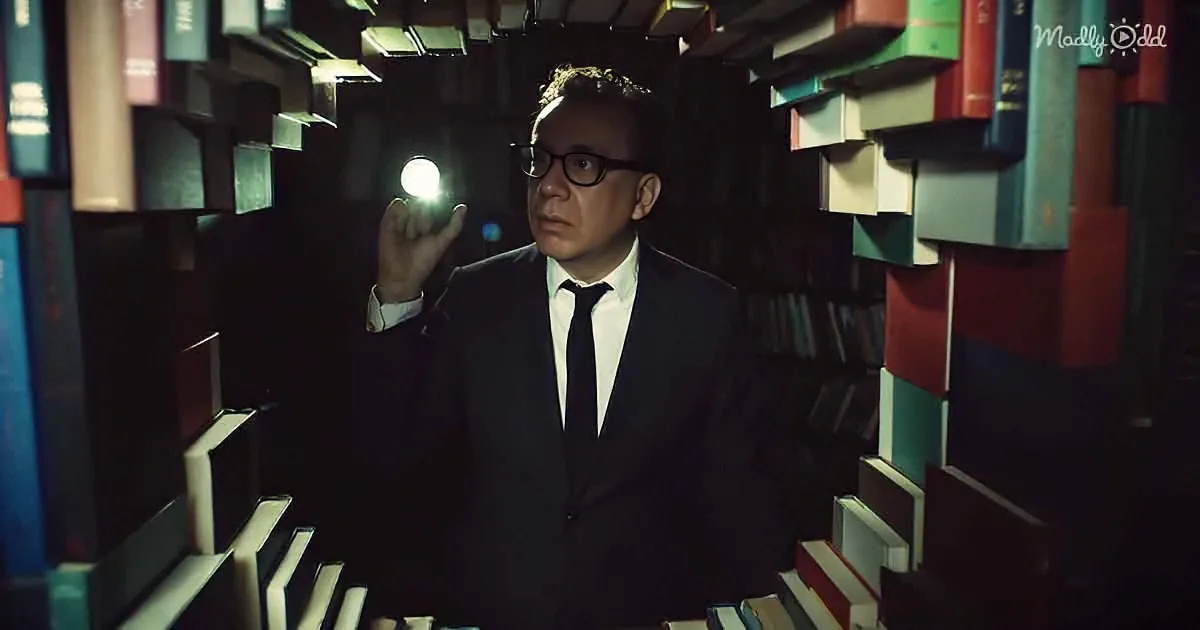 A man in a suit and glasses holds a flashlight amidst towering bookshelves.