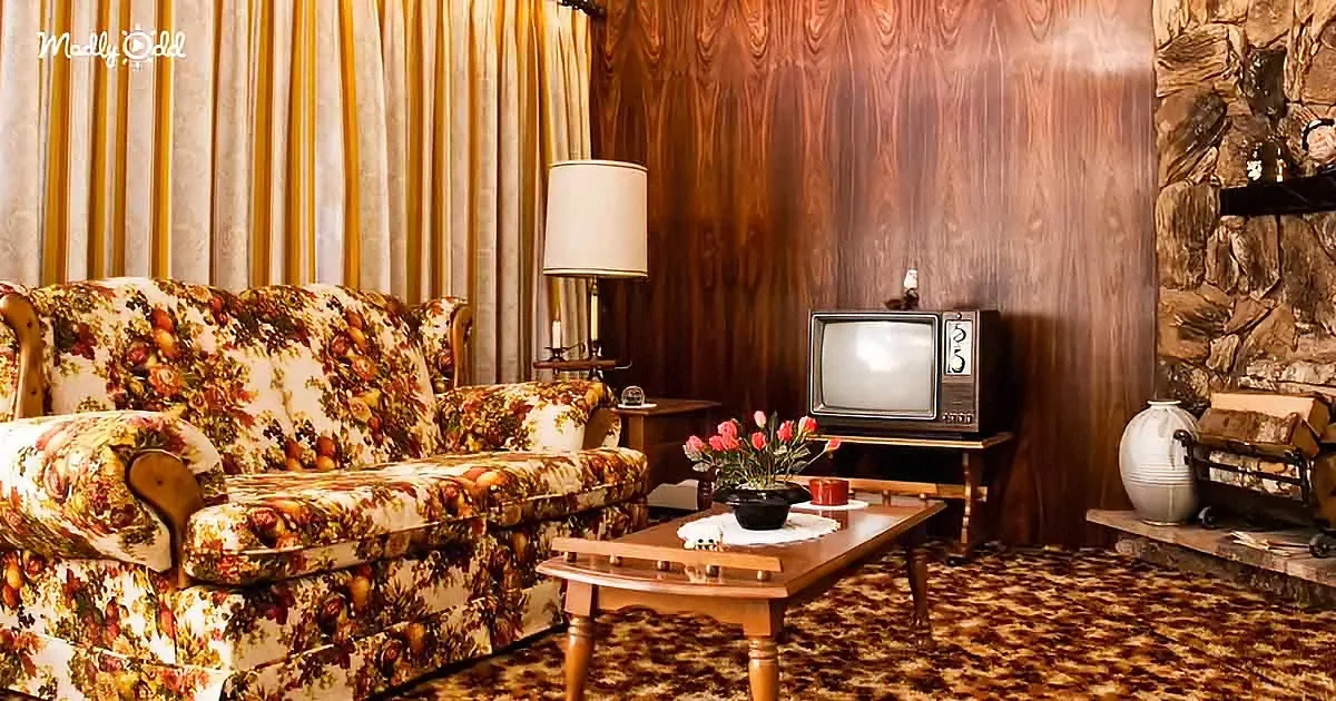 Floral-patterned couch in a retro living room with wood-paneled walls, vintage TV, and stone fireplace.