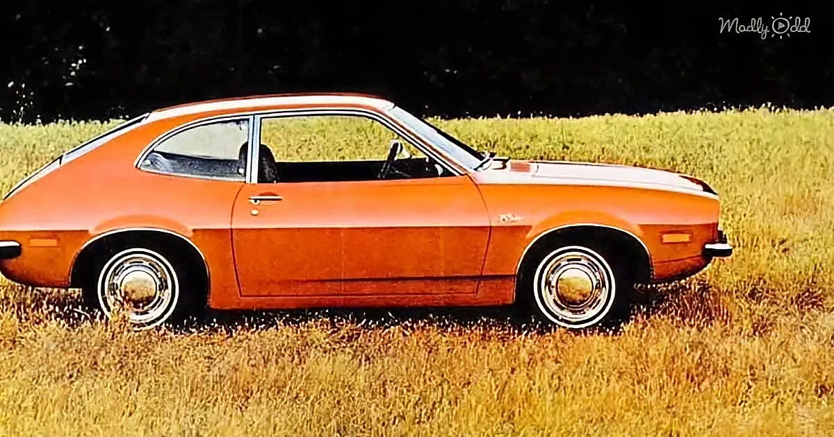 An orange vintage sports car with white-walled tires sits in a field of tall grass.