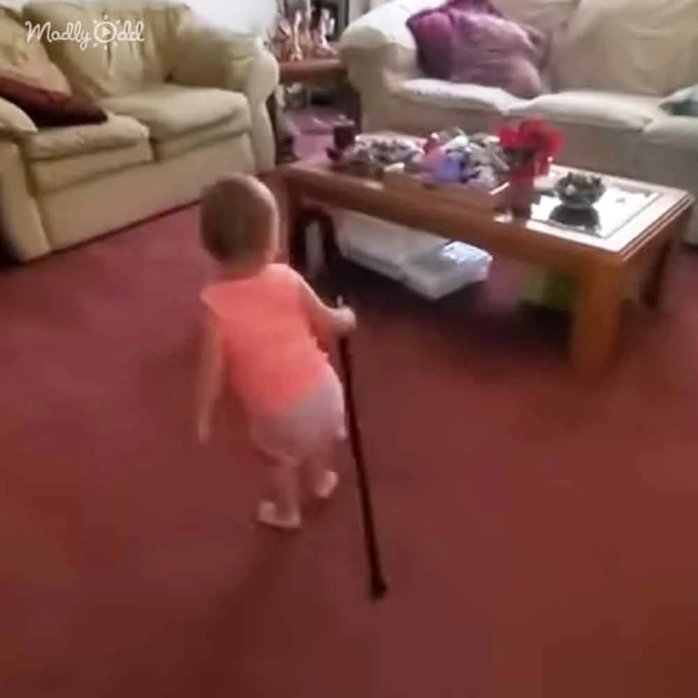 A child in a pink dress walks away from the camera, holding a cane, in a living room with beige furniture.