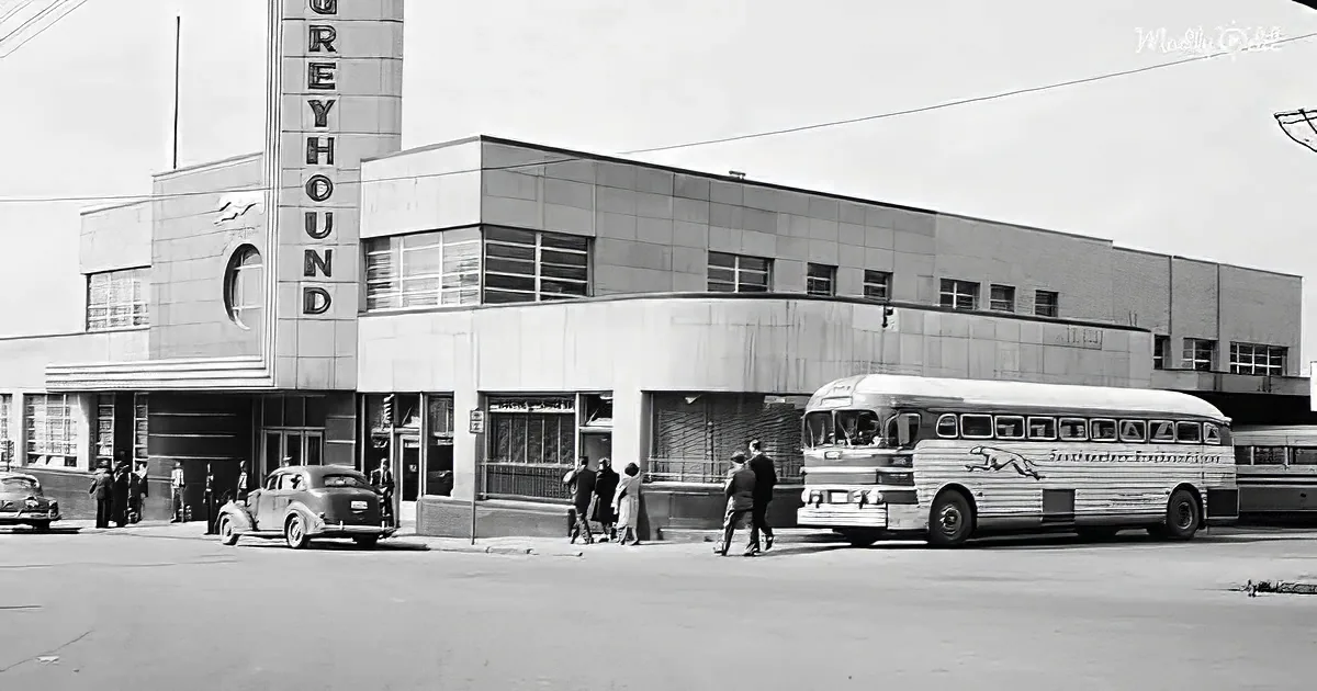 A vintage Greyhound bus is parked outside a modernist-style bus station with people walking around.