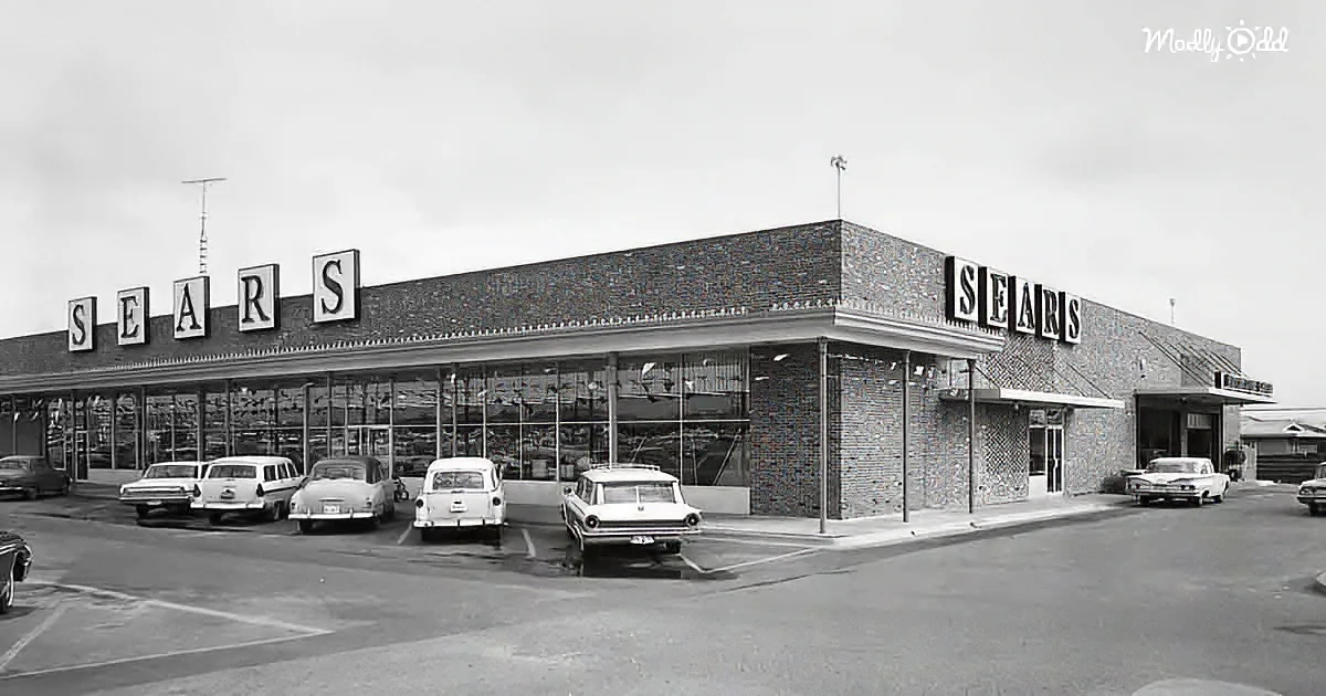 Sears store with vintage cars parked in front, brick facade, sign prominently displayed.
