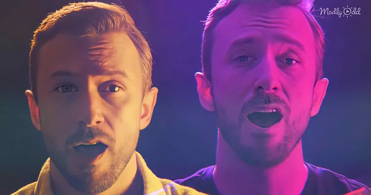 A man with short hair and a beard, wearing a yellow shirt, is shown in two different lighting conditions, one with a...