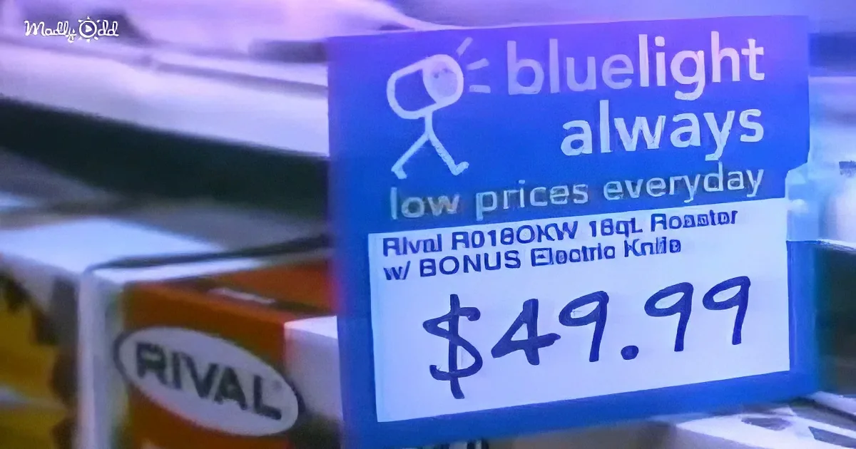 A blue sign advertises a Rival Roaster with a bonus electric knife for $49.99 at Blue Light Always.