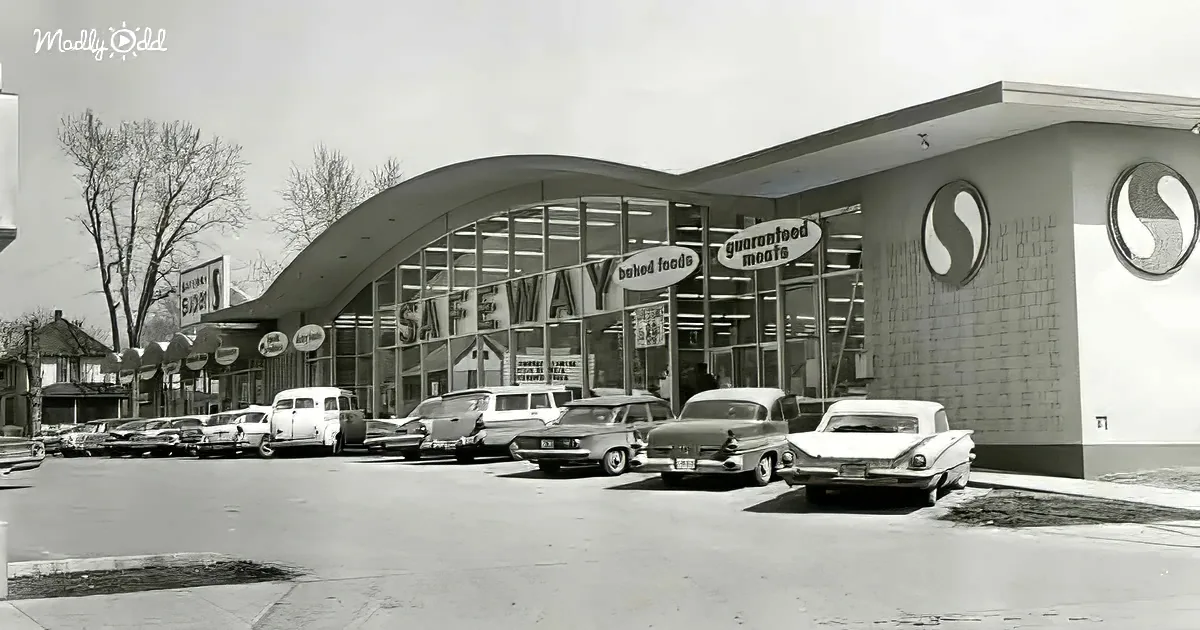 A vintage Safeway store with retro cars parked in front, showcasing mid-20th-century architecture and design.