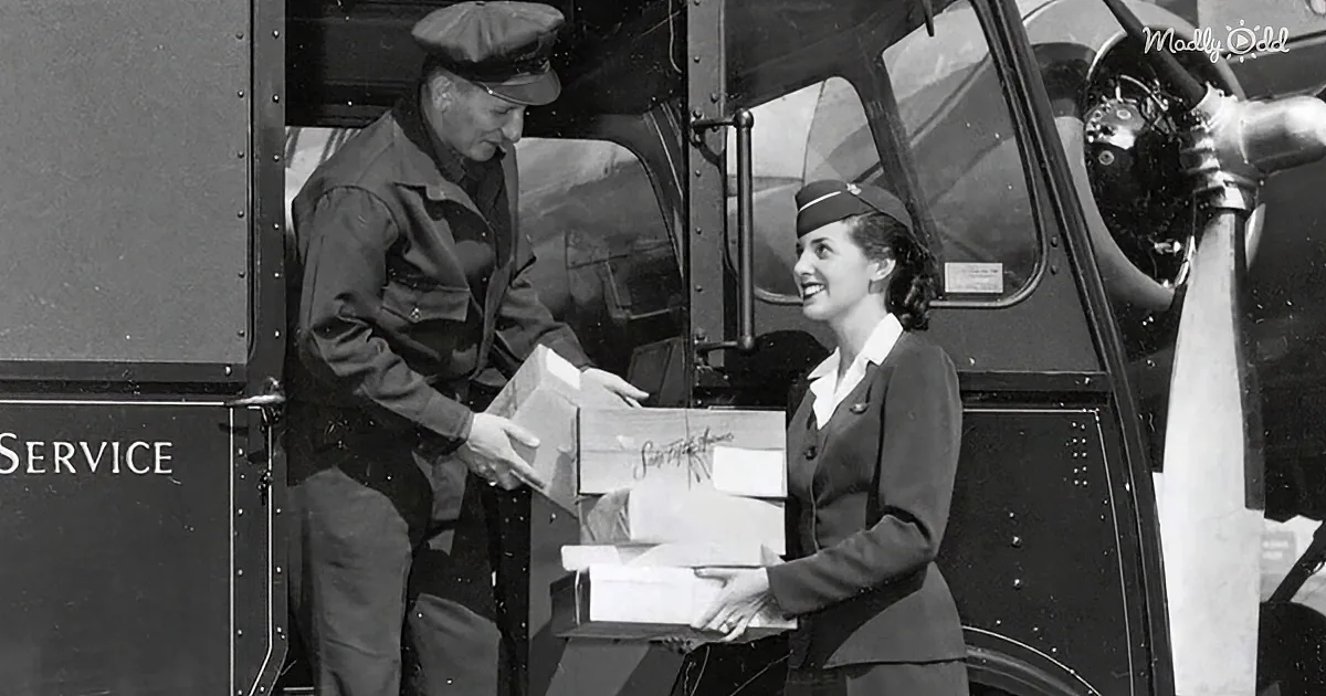 A man in a uniform hands a box to a smiling woman in a uniform near an airplane.