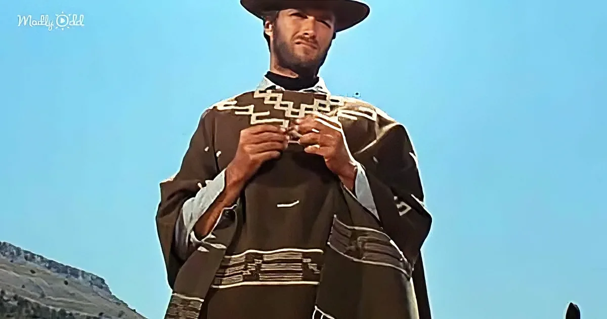 A man in a cowboy outfit stands against a clear sky, holding something in his hands.
