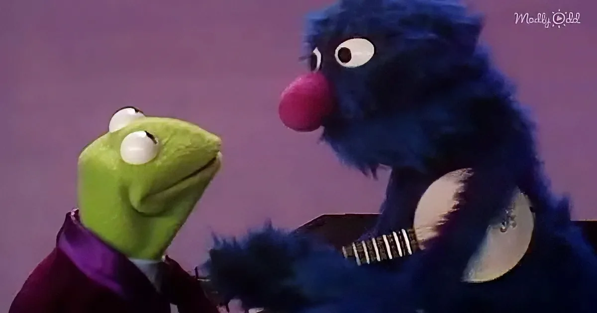 Kermit the Frog and Grover the blue monster are having a conversation in front of a purple background.