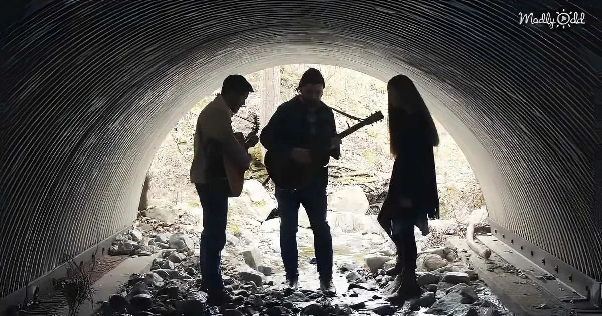 Three musicians play inside a tunnel, silhouetted against a rocky, natural backdrop.