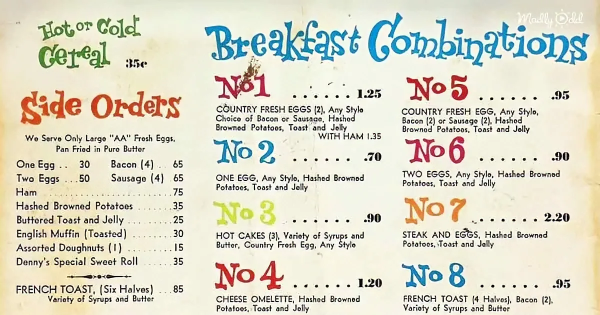 Breakfast menu with combinations, prices, and side orders listed in a vintage style.