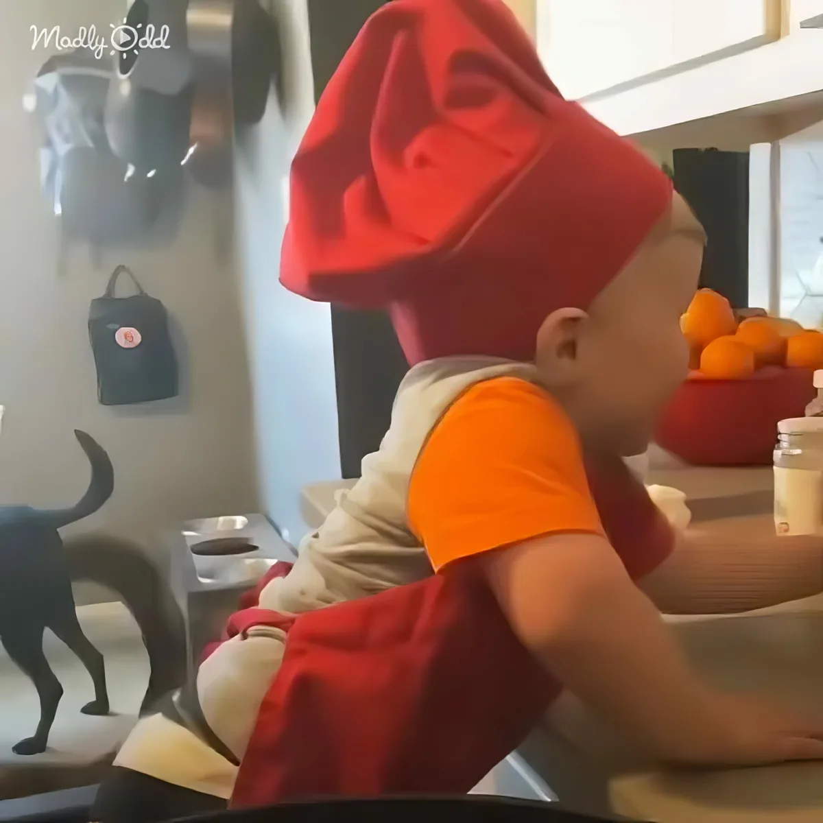 A baby in an orange shirt and red pants is sitting at a table, looking down.