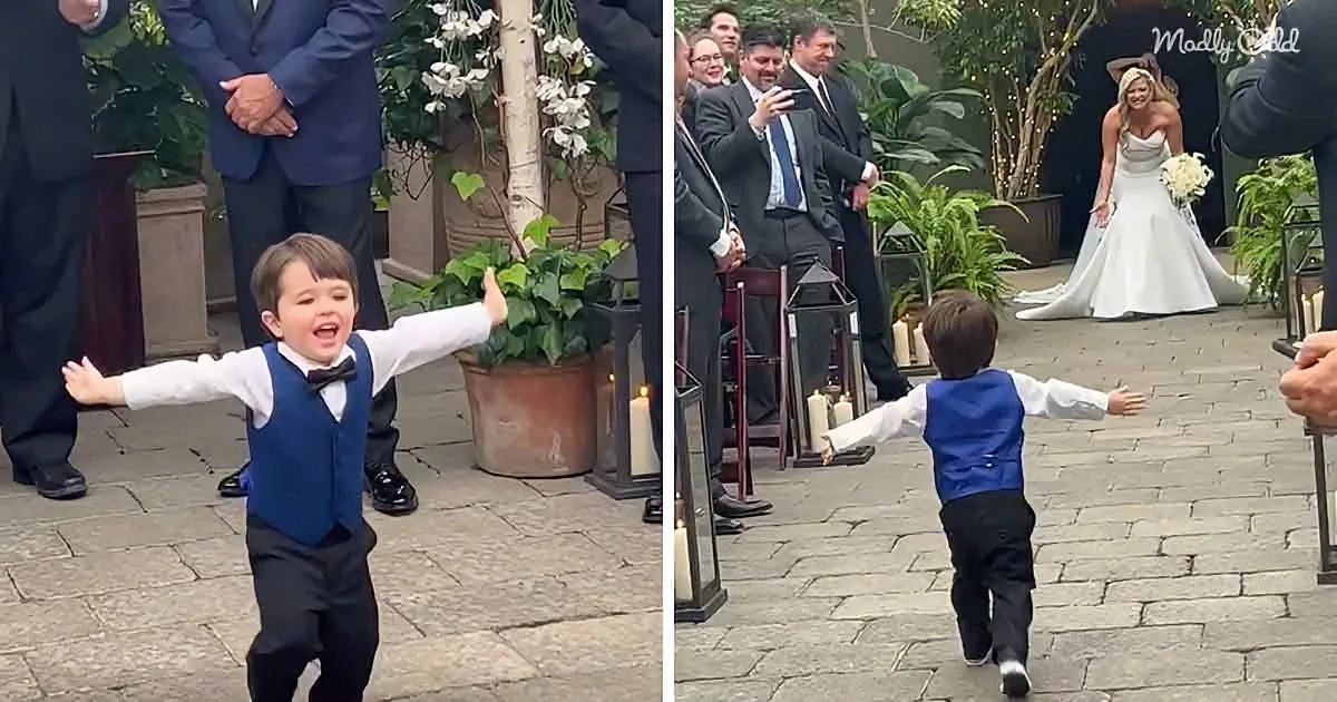 A young boy in a blue vest and bow tie dances joyfully at a wedding ceremony.