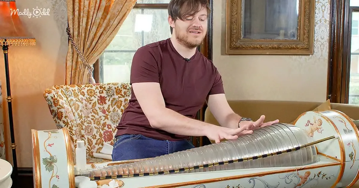 A man in a maroon shirt plays a large, ornate, silver instrument with a floral design.