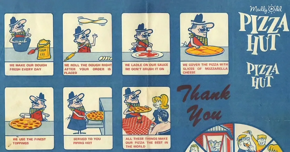 Pizza Hut's vintage advertisement showcases their pizza-making process with cartoon characters and text.