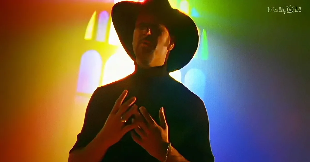 A person in a black turtleneck and wide-brimmed hat gestures with hands, set against colorful, blurred lights.