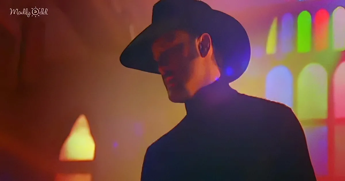 A person wearing a hat and a dark turtleneck stands in a dimly lit room with colorful, blurred lights in the background.