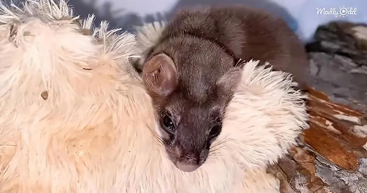 A small, fluffy, dark-furred animal rests on a white, textured surface, surrounded by a mix of white and brown elements.