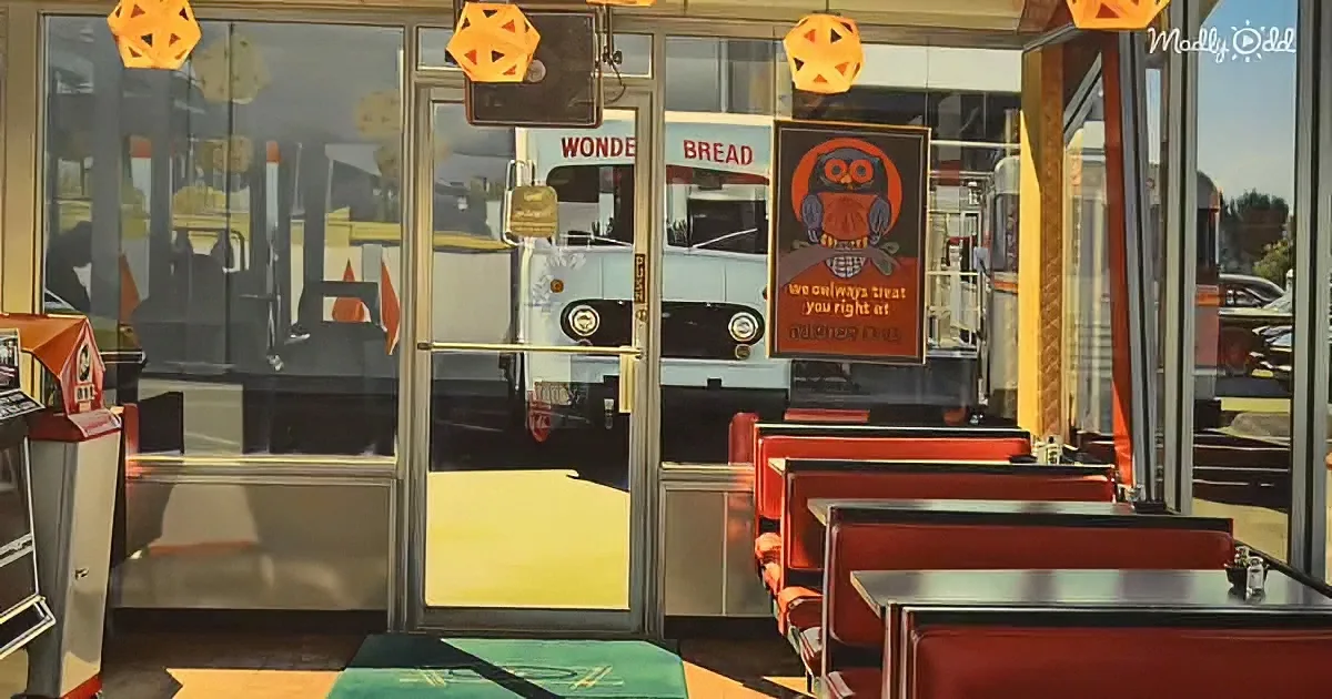 A diner with red booths, a "We Owlways Treat You Right" sign, and a view of a Wonder Bread truck outside.