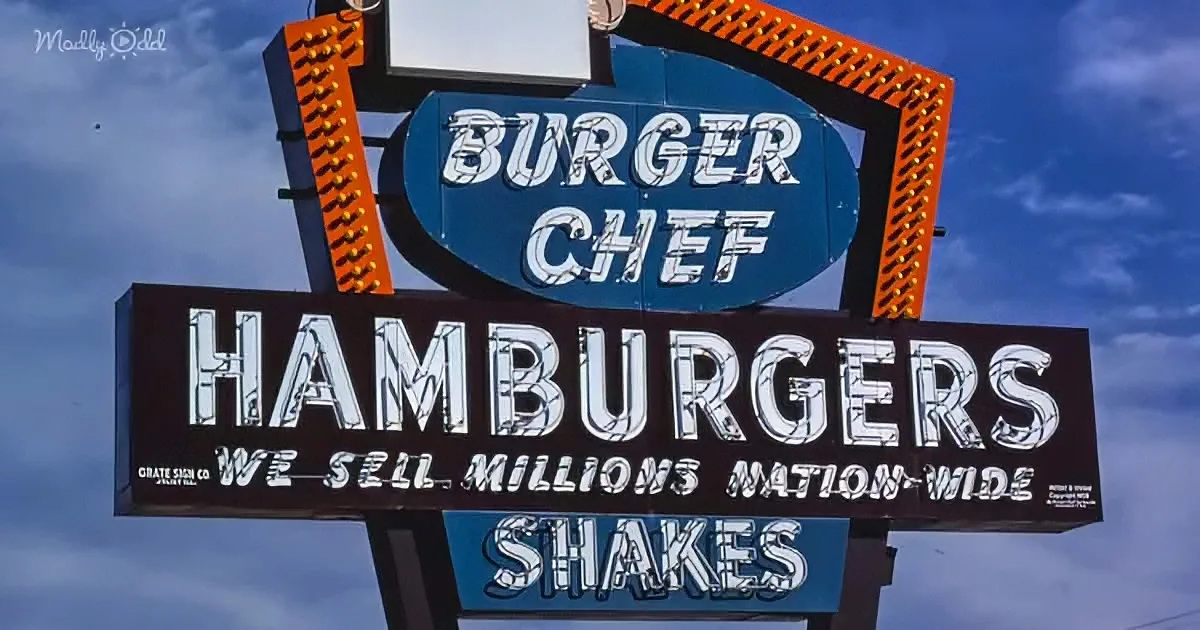 A vintage Burger Chef sign advertises hamburgers and shakes, promising to sell millions nationwide.